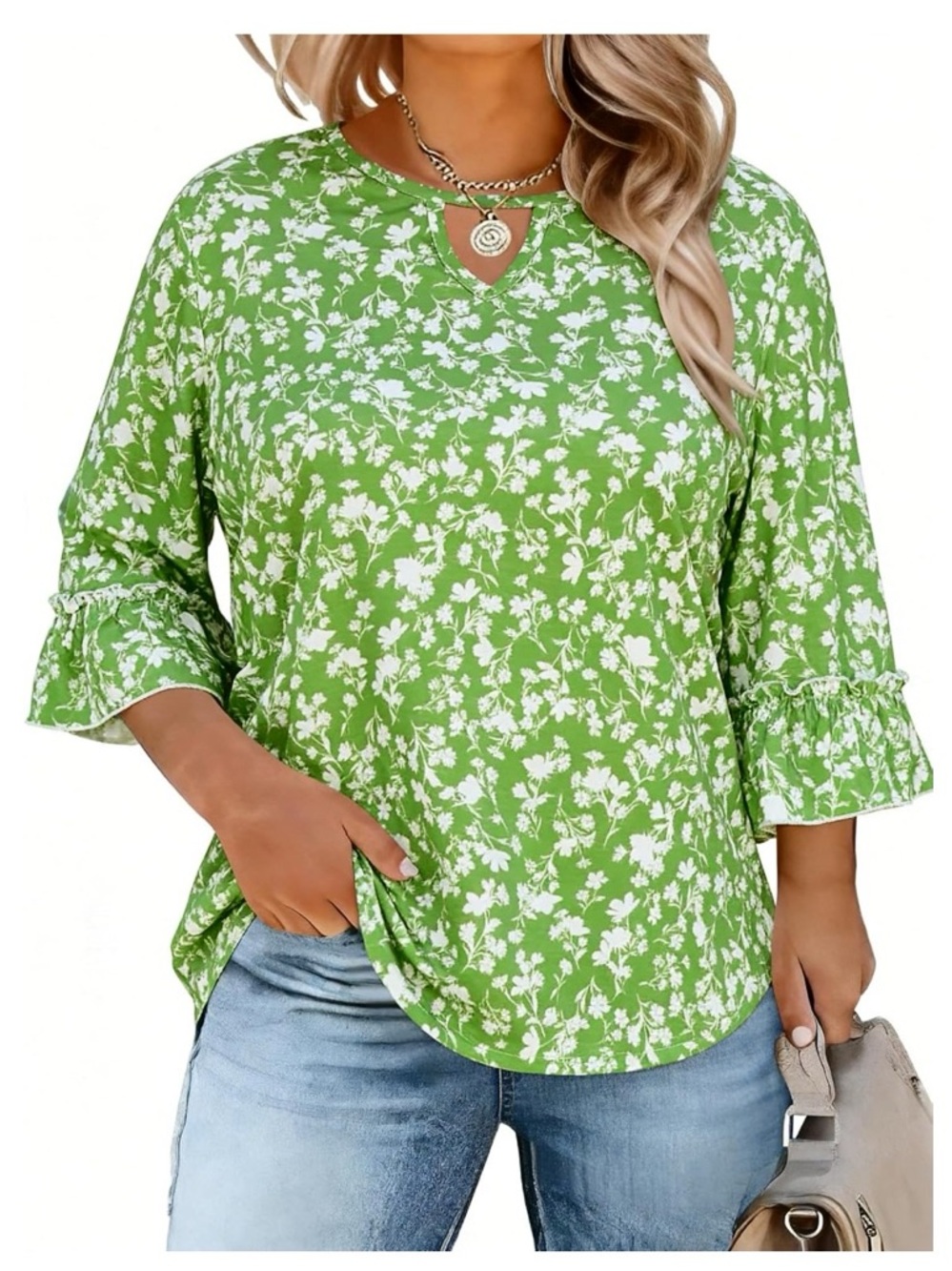 TOTATUIT Green Floral Ruffle 3/4 Length Sleeve Keyhole Tunic Top XL